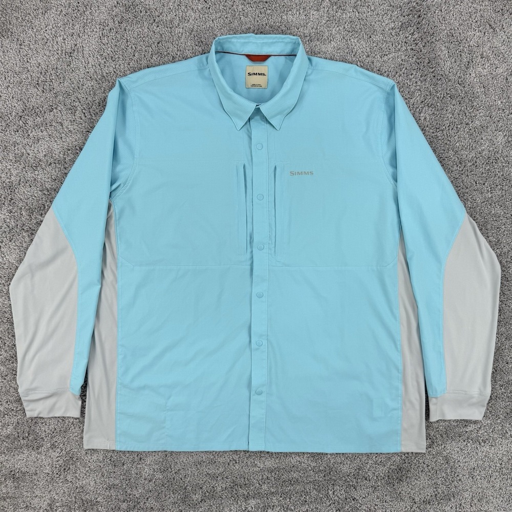 Simms Intruder Bicomp Fishing Shirt Men 2XL Light Teal Long Sleeve Snap Outdoors